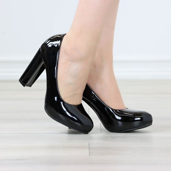 Classic Black Patent Platform High Heels Slip On Round Toe Pumps - Picture 1 of 12